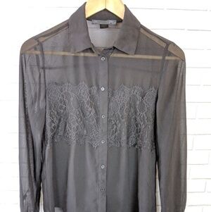 Lime Blue Shirt Womens Small Black Sheer Lace Blouse Whimsigoth Witchy Victorian